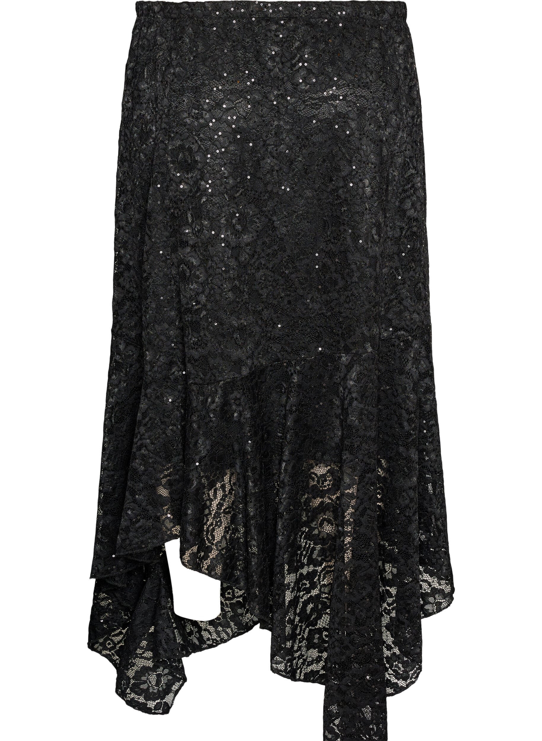 ZizziKanten midirok met pailletten, Zwart, Packshot image number 1