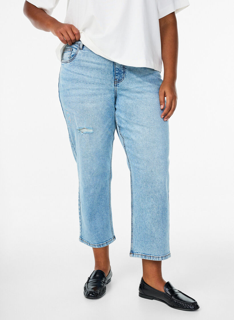 Gecropte Vera jeans met distressed details, Blauw, Model image number 2