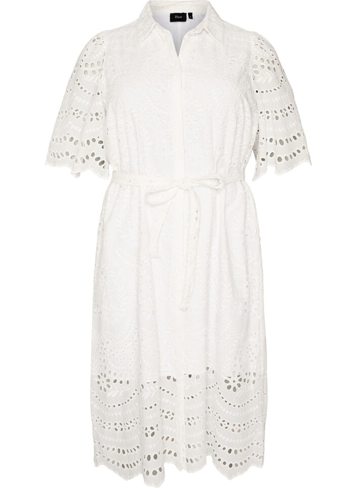 Blousejurk in broderie anglaise met strikceintuur, Wit, Packshot image number 0