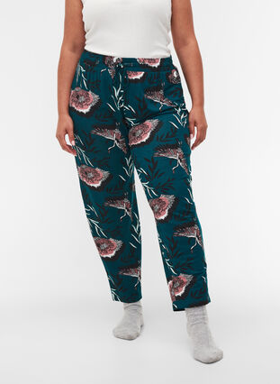 Gebloemde pyjama broek in viscose, Deep Teal Flower, Model image number 2