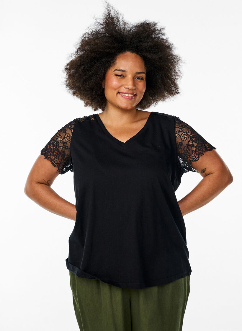 Katoenen t-shirt met korte kanten mouwen, Zwart, Model image number 0