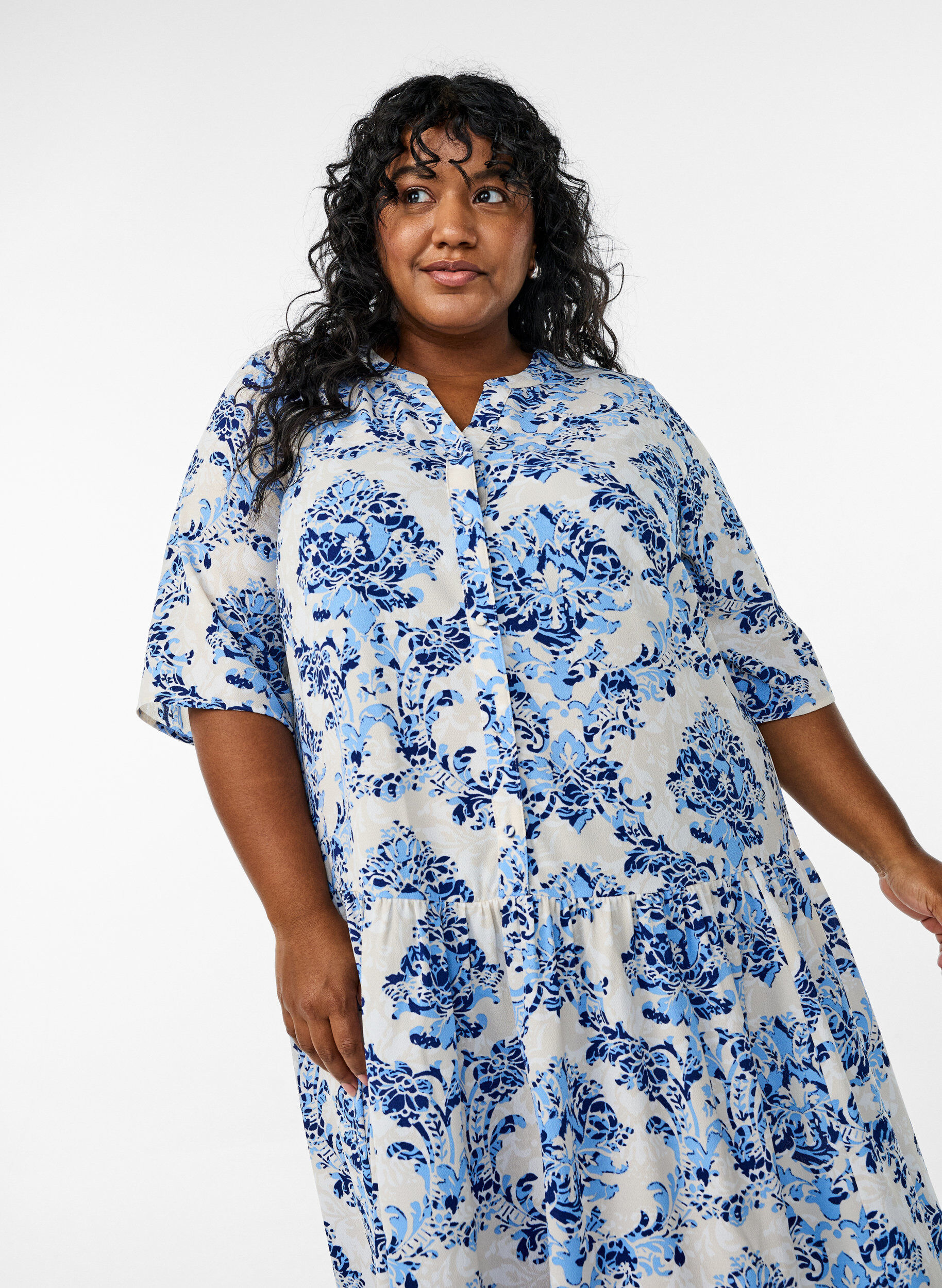 Zizzi A-lijn midi-jurk met korte mouwen, Beige, Model image number 3