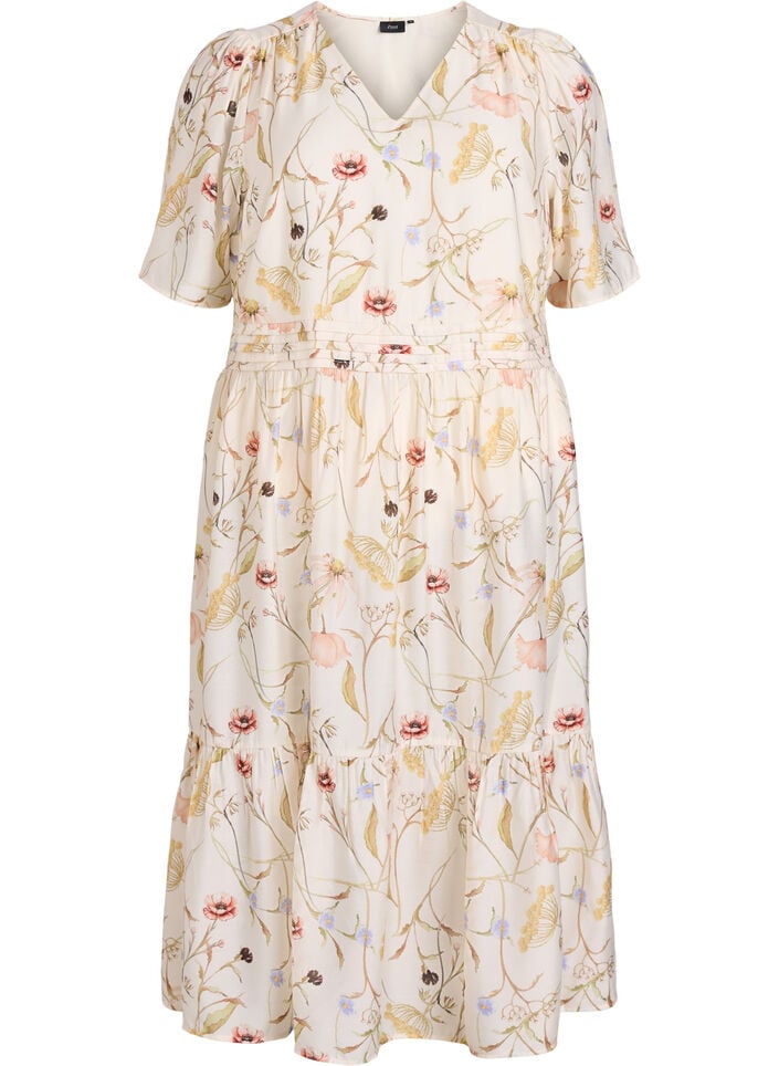 Midi-jurk met bloemen met een A-lijn vorm, Beige, Packshot image number 0