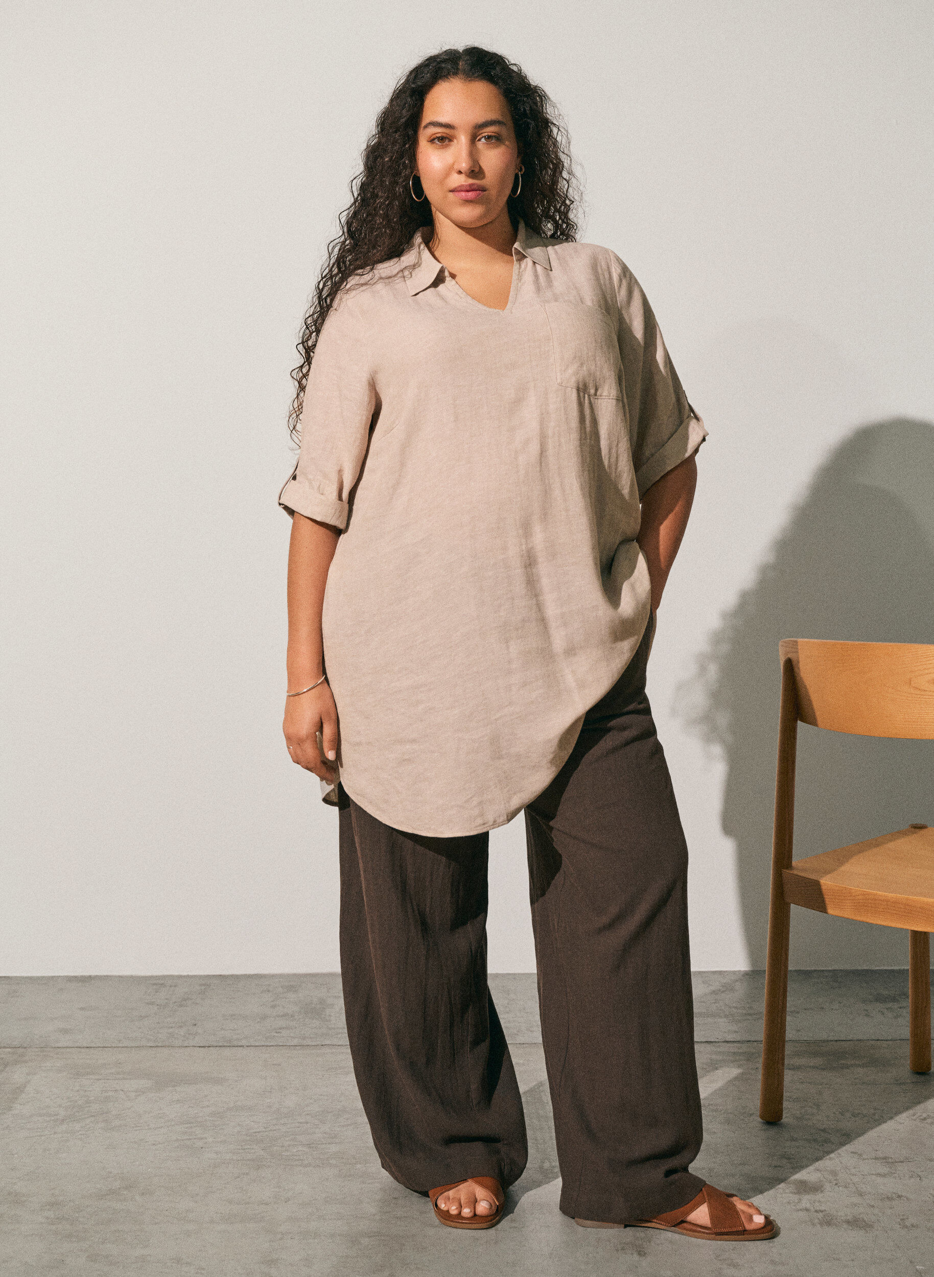 Zizzi Tuniek van linnen en viscose met A-vorm, Beige, Image image number 0