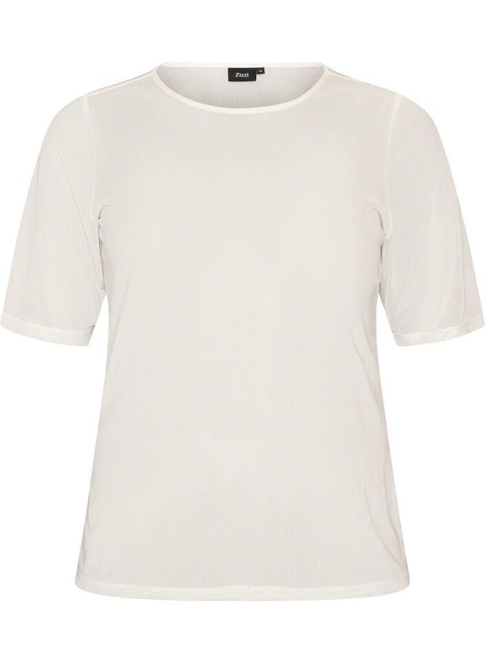 Mesh top met korte mouwen en ronde hals, Vanille, Packshot image number 0