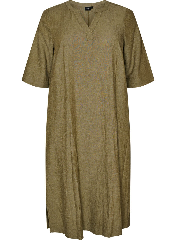 Midi-jurk in linnen en viscose met 1/2 mouwen, Groen, Packshot image number 0