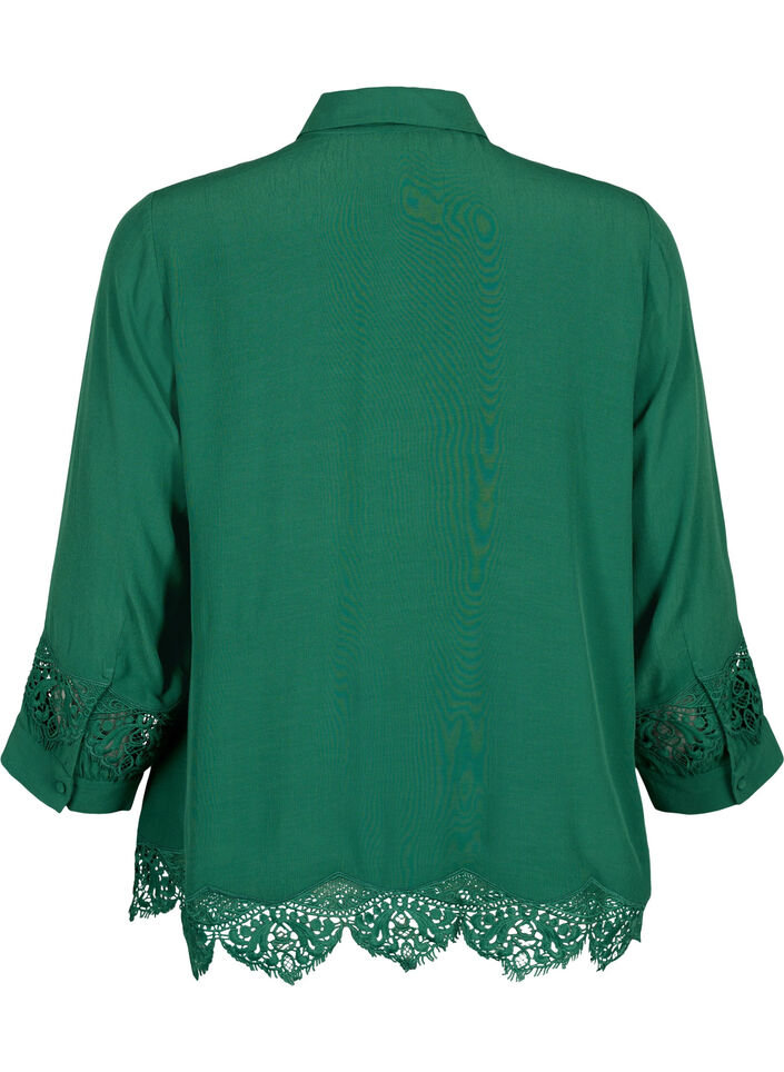 Viscose shirt met 3/4 mouwen en borduurdetails, Hunter Green, Packshot image number 1