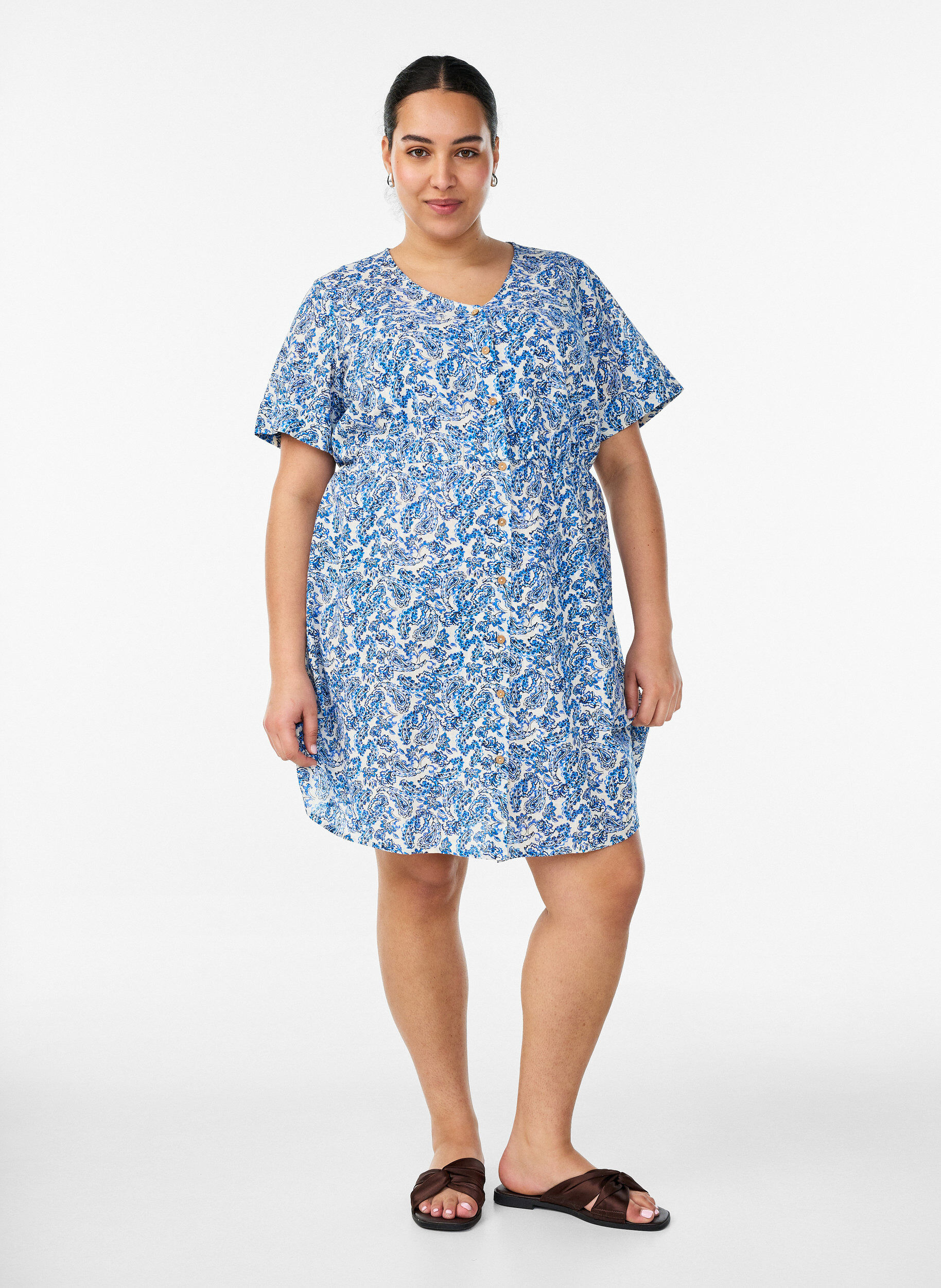ZizziKorte katoenen jurk met bloemenprint, Blauw, Model image number 1