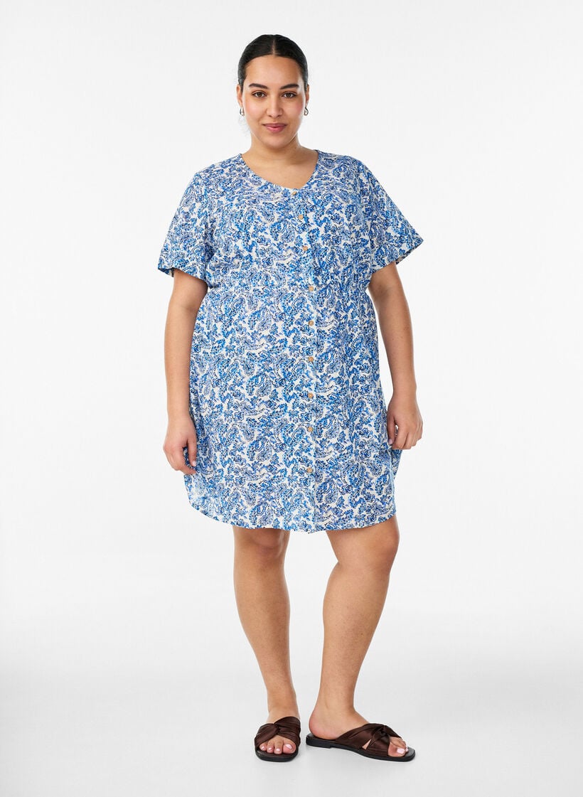 Korte katoenen jurk met bloemenprint, Blauw, Model image number 1