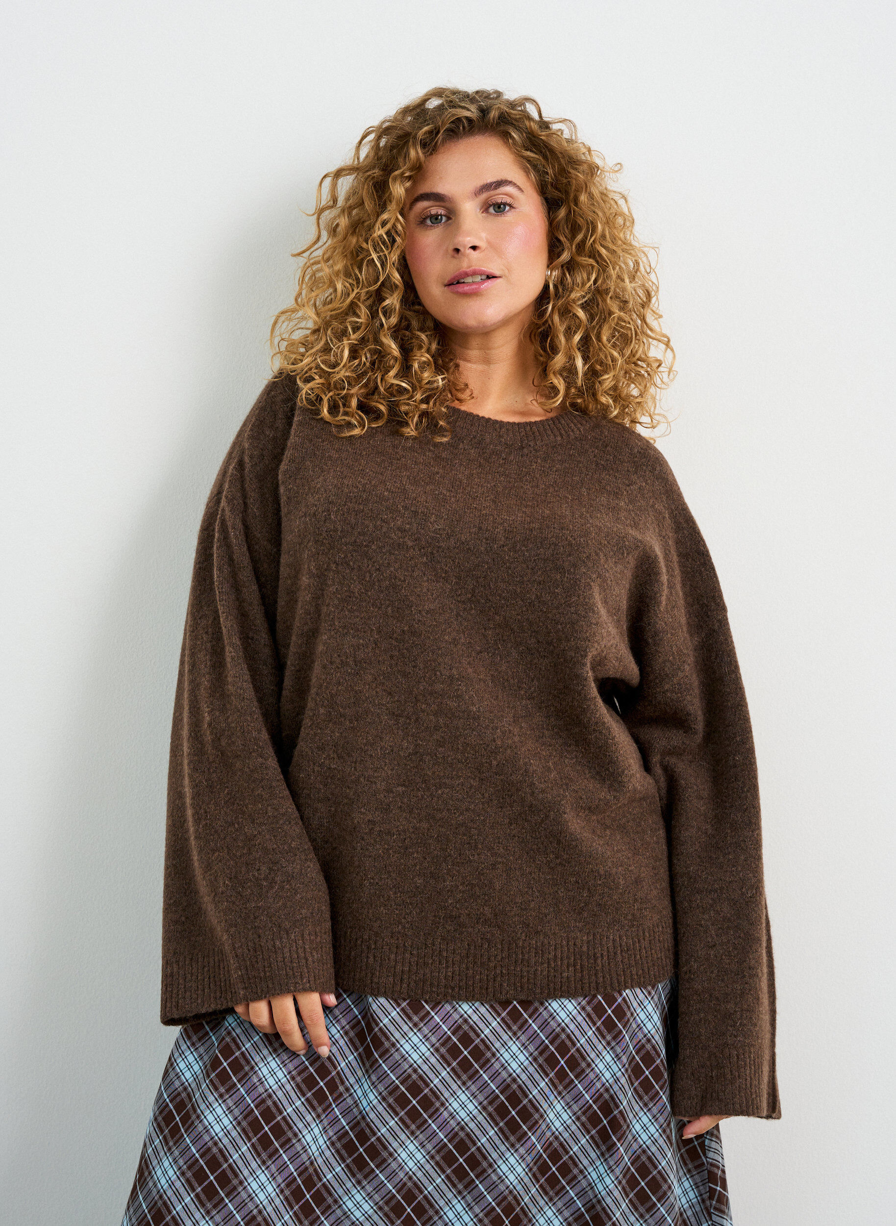 ZizziLosgebreide blouse met alpaca en wol, Bruin, Model image number 0