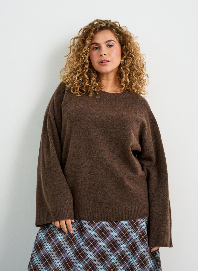 Losgebreide blouse met alpaca en wol, Bruin, Model image number 0