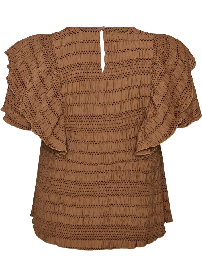 Blouse met smockstructuur en ruchesmouwen, Bruin, Packshot image number 1