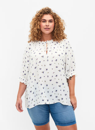 Gebloemde viscose blouse met halflange mouwen, Bright White Flower, Model image number 0