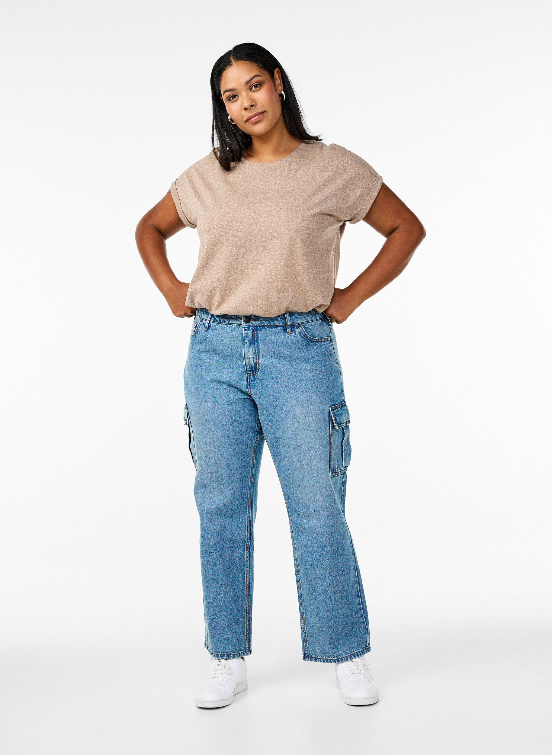 Zizzi Gem&ecirc;leerd T-shirt met korte mouwen, Bruin, Model image number 1