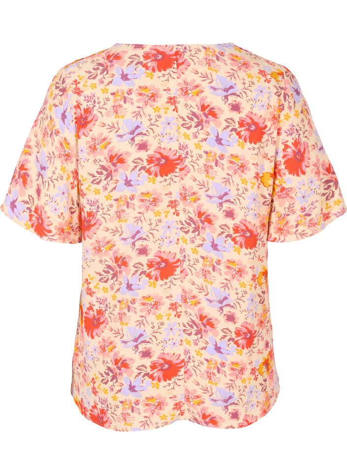 Viscose top met korte mouwen en bloemenprint, Red Orange AOP, Packshot image number 1