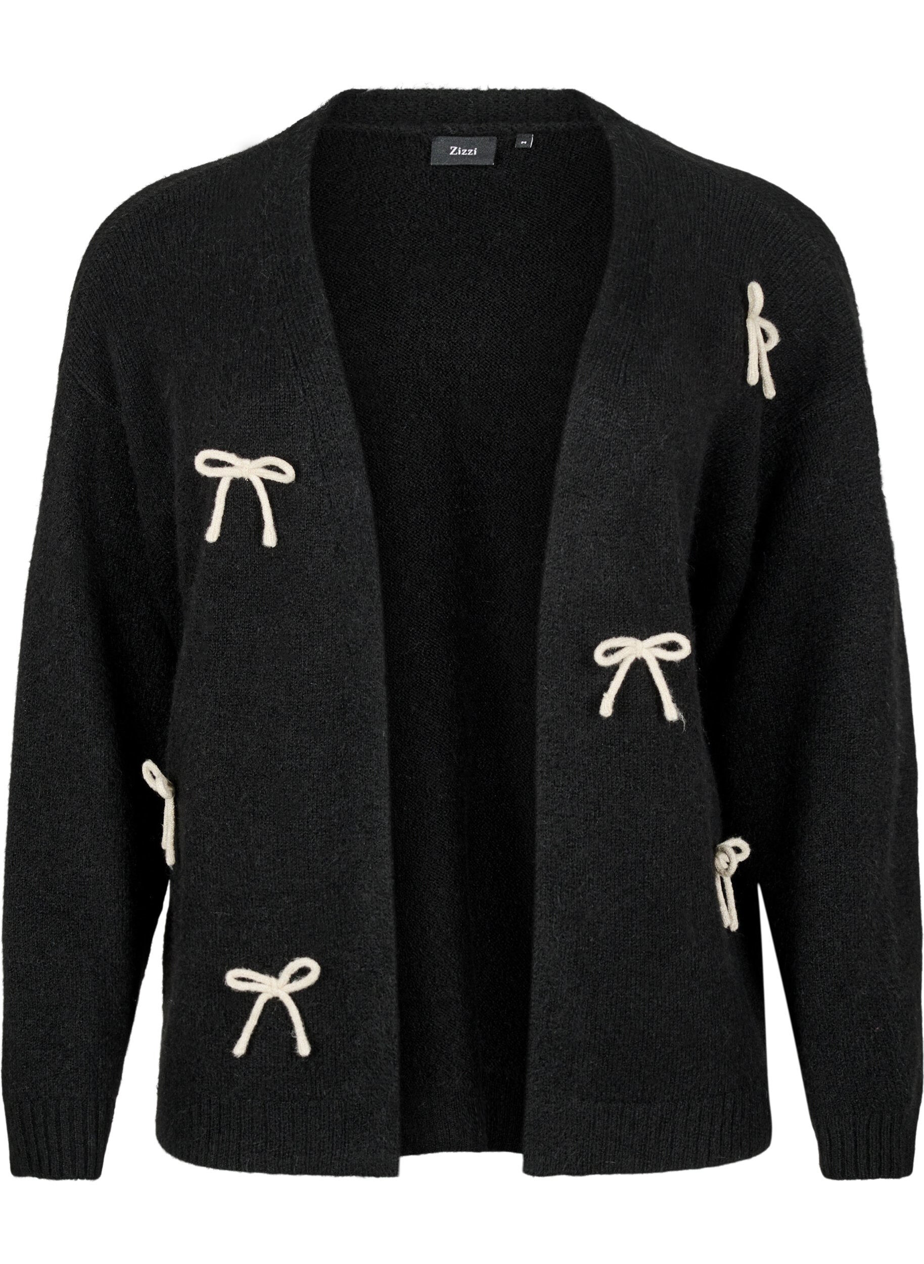 Zizzi Korte gebreide cardigan met strikken, Black Comb, Packshot image number 0