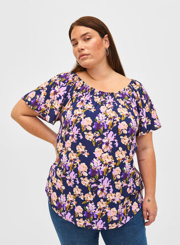 Gebloemde viscose blouse met korte mouwen, Small Flower AOP, Model image number 0