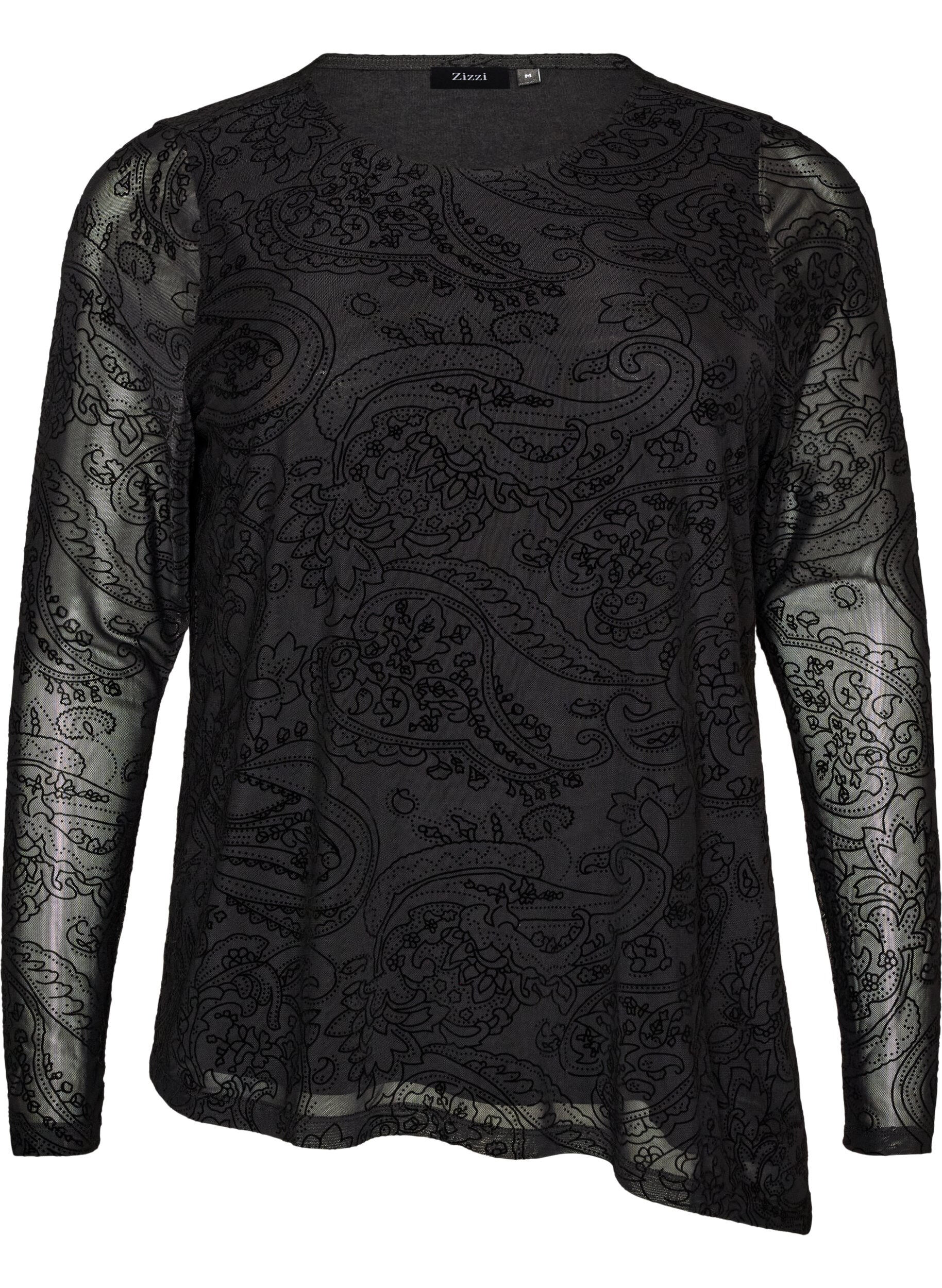 ZizziMesh blouse met paisleyprint en asymmetrische zoom, Zwart, Packshot image number 0