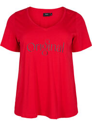 Katoenen t-shirt met tekstopdruk en v-hals, Tango Red ORI