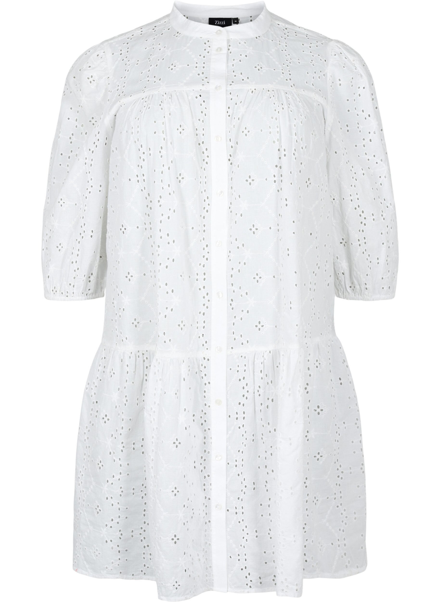 Zizzi Overhemdjurk van katoen met broderie anglaise, Bright White, Packshot image number 0