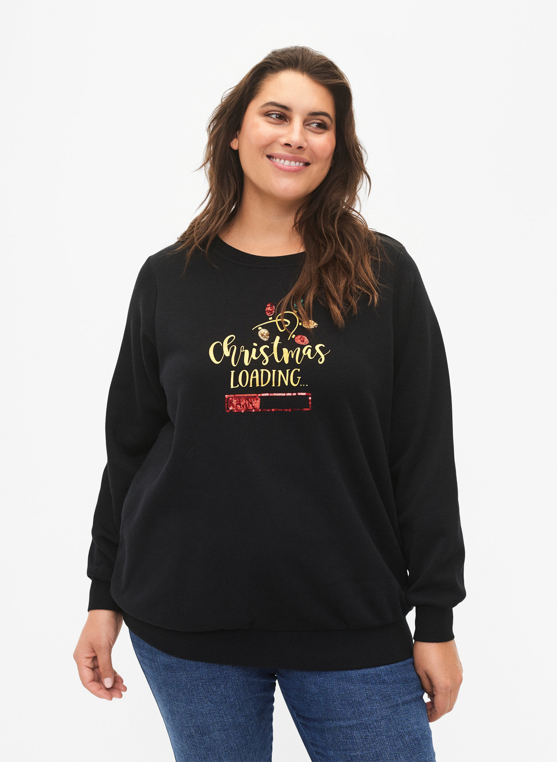 Zizzi Kerst sweatshirt, Black LOADING, Model image number 0