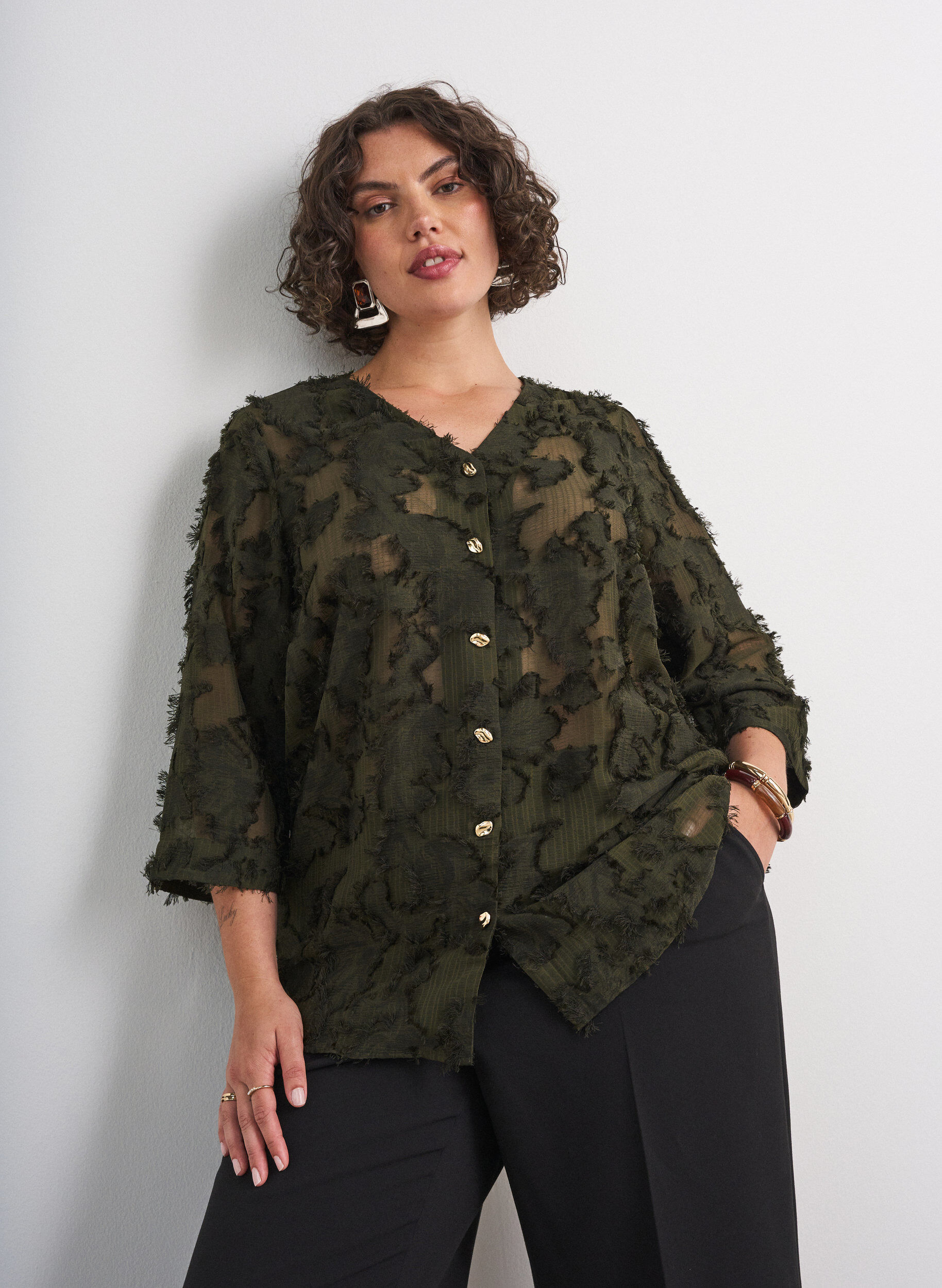 ZizziBlouse met rafelige draden en textuur, Groen, Model image number 0