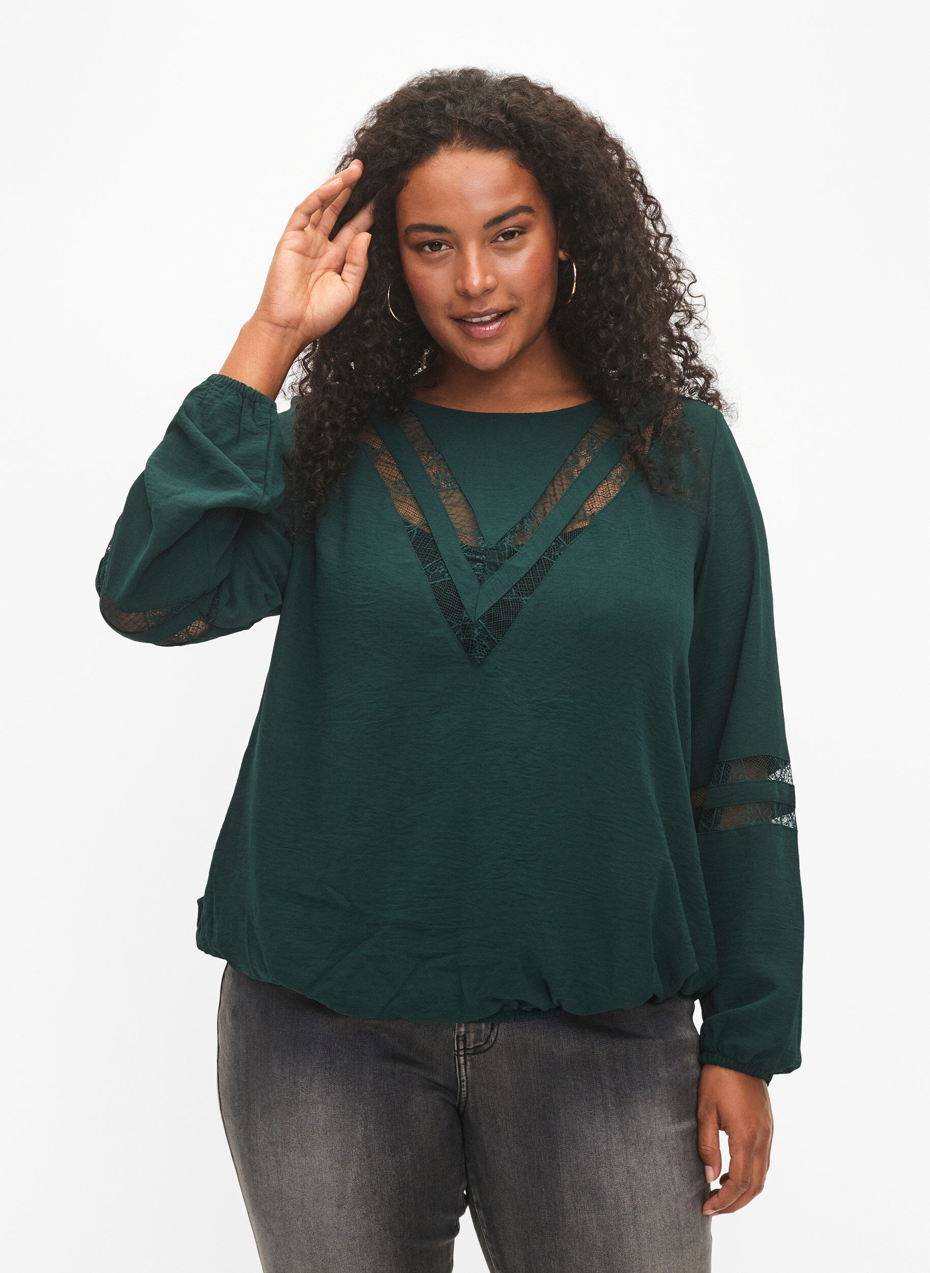 Zizzi Blouse met lange mouwen en kant, Scarab, Model image number 0
