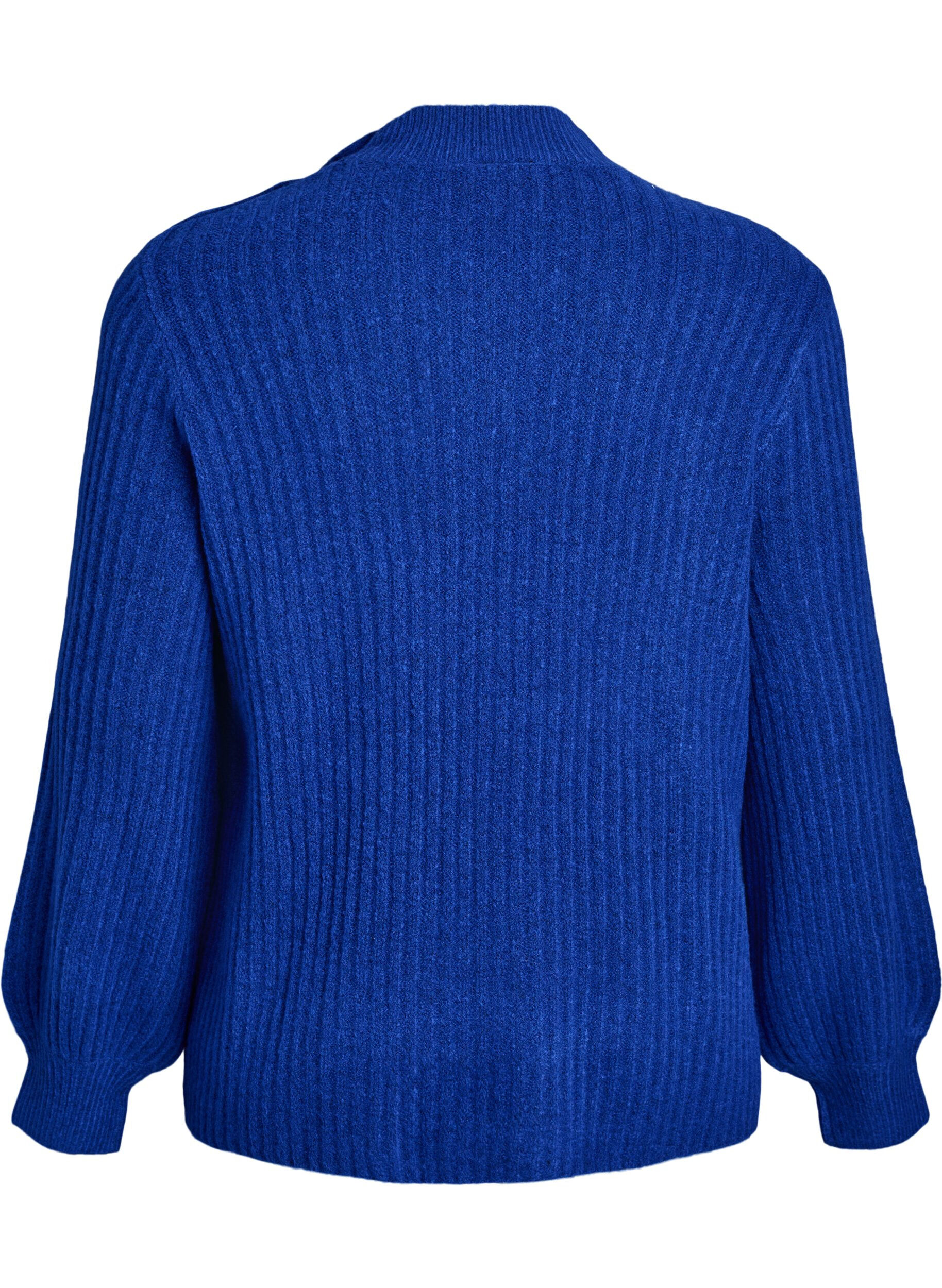 ZizziGeribde trui met pofmouwen en knopen, Blauw, Packshot image number 1