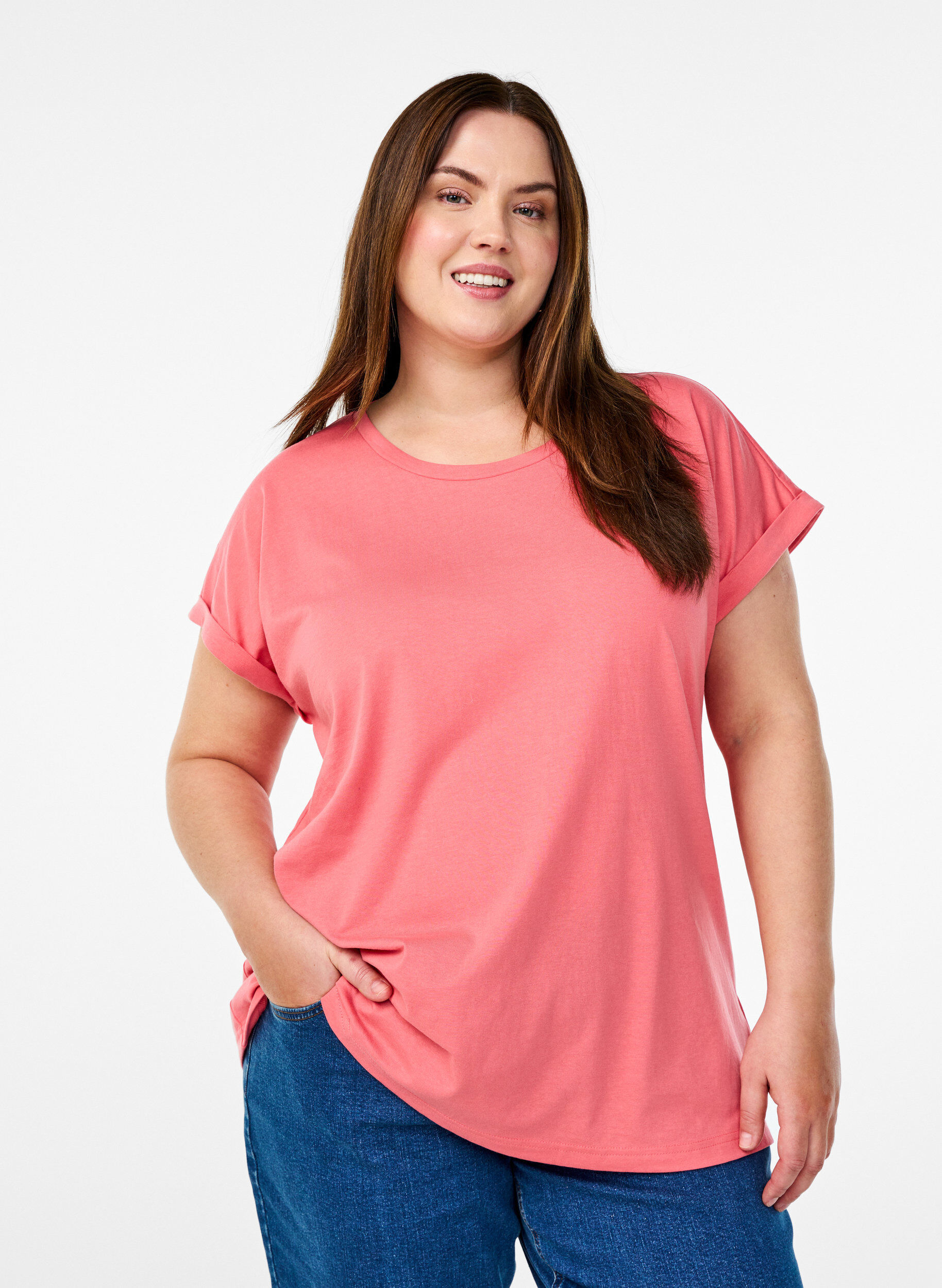 T-shirt met korte mouwen van katoenmix, Roze, Model