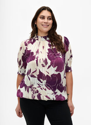  Smock-blouse met korte mouwen en print, D.Purple Graphic AOP, Model image number 0