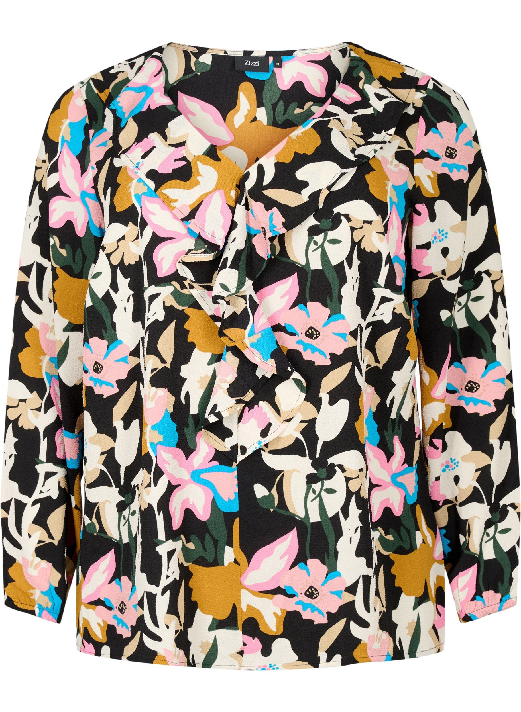 Zizzi Bedrukte blouse met ruches, Black Multi Flower, Packshot image number 0