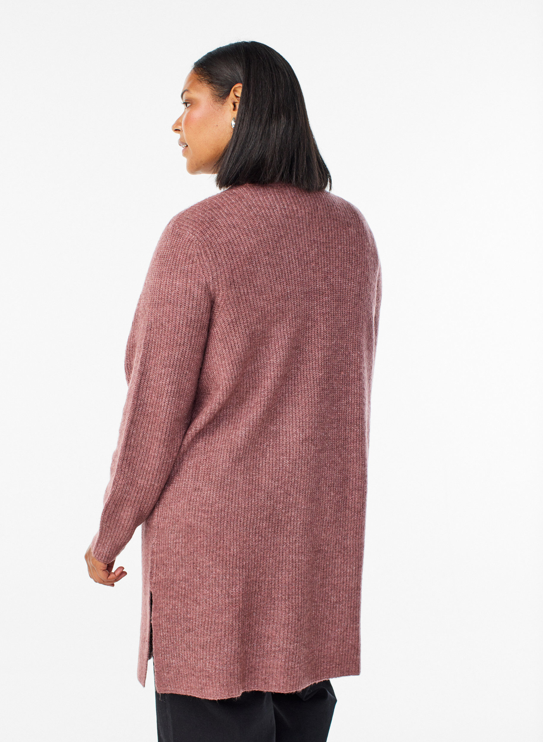 Zizzi FLASH - Lange ribgebreide cardigan met open voorkant, Roze, Model image number 2