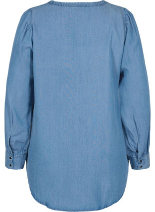 Shirt met lange mouwen, v-hals en ruches, Blue denim, Packshot image number 1