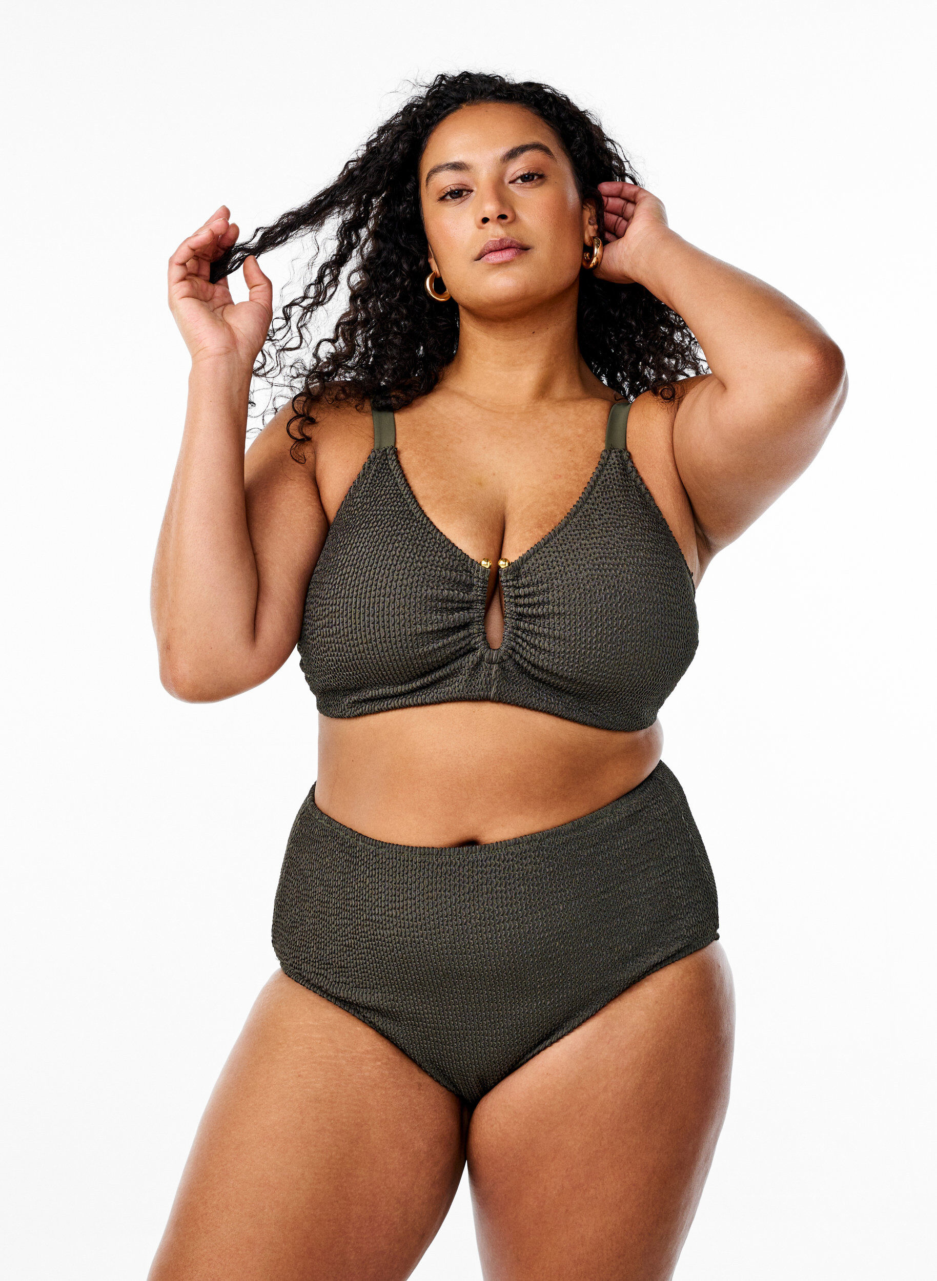 Zizzi Bikinibroekje met textuur en hoge taille, Groen, Model image number 0