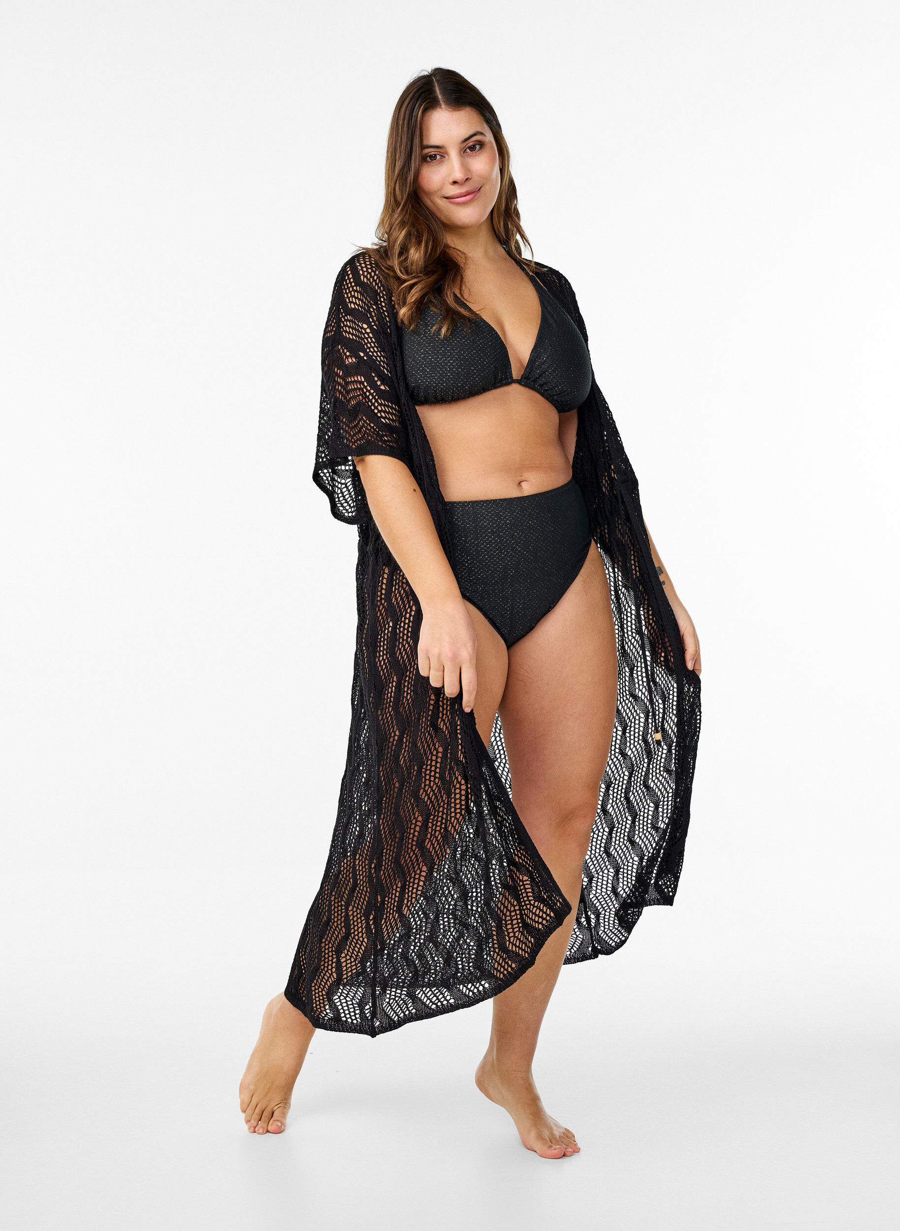 Zizzi Strand kimono met strikceintuur, Zwart, Model image number 0