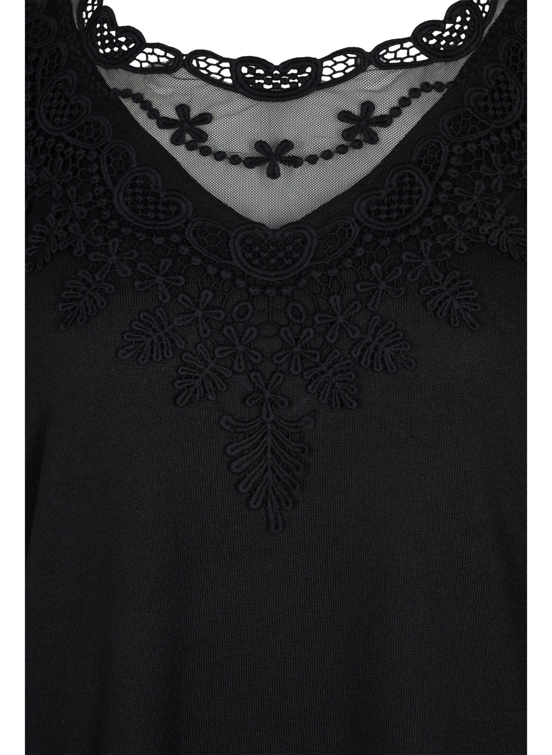 Zizzi Blouse met lange mouwen en kanten details, Black, Packshot image number 2
