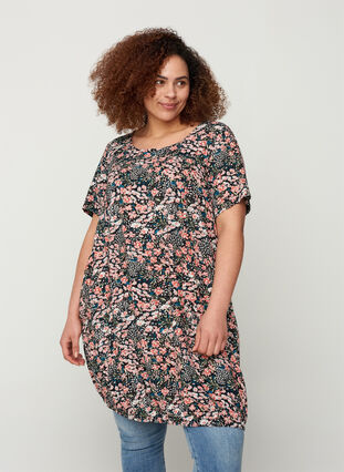 Viscose jurk met print en korte mouwen , Black/Coral Flower, Model image number 0