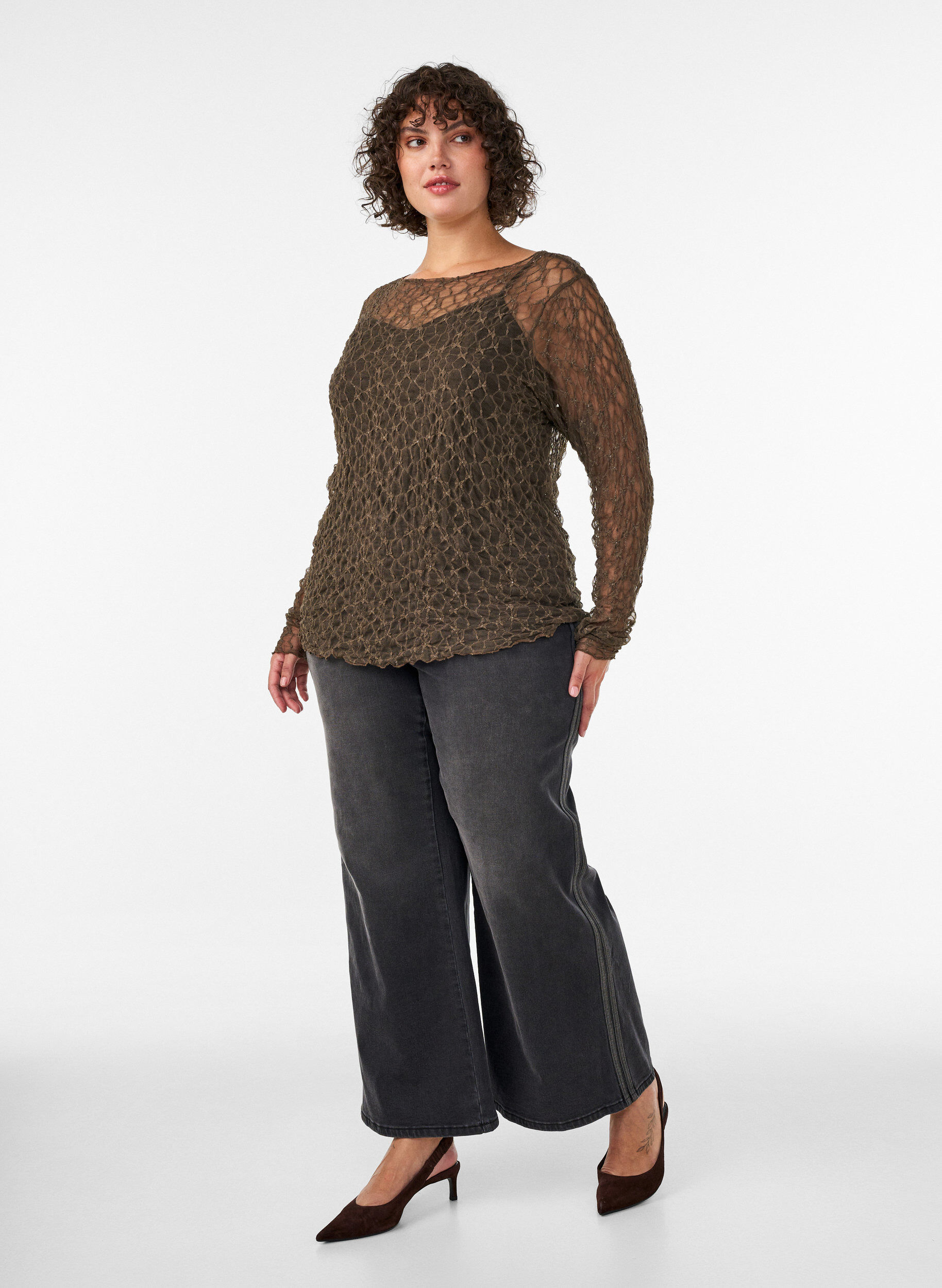ZizziMesh blouse met patroon en glittergaren, Bruin, Model image number 1