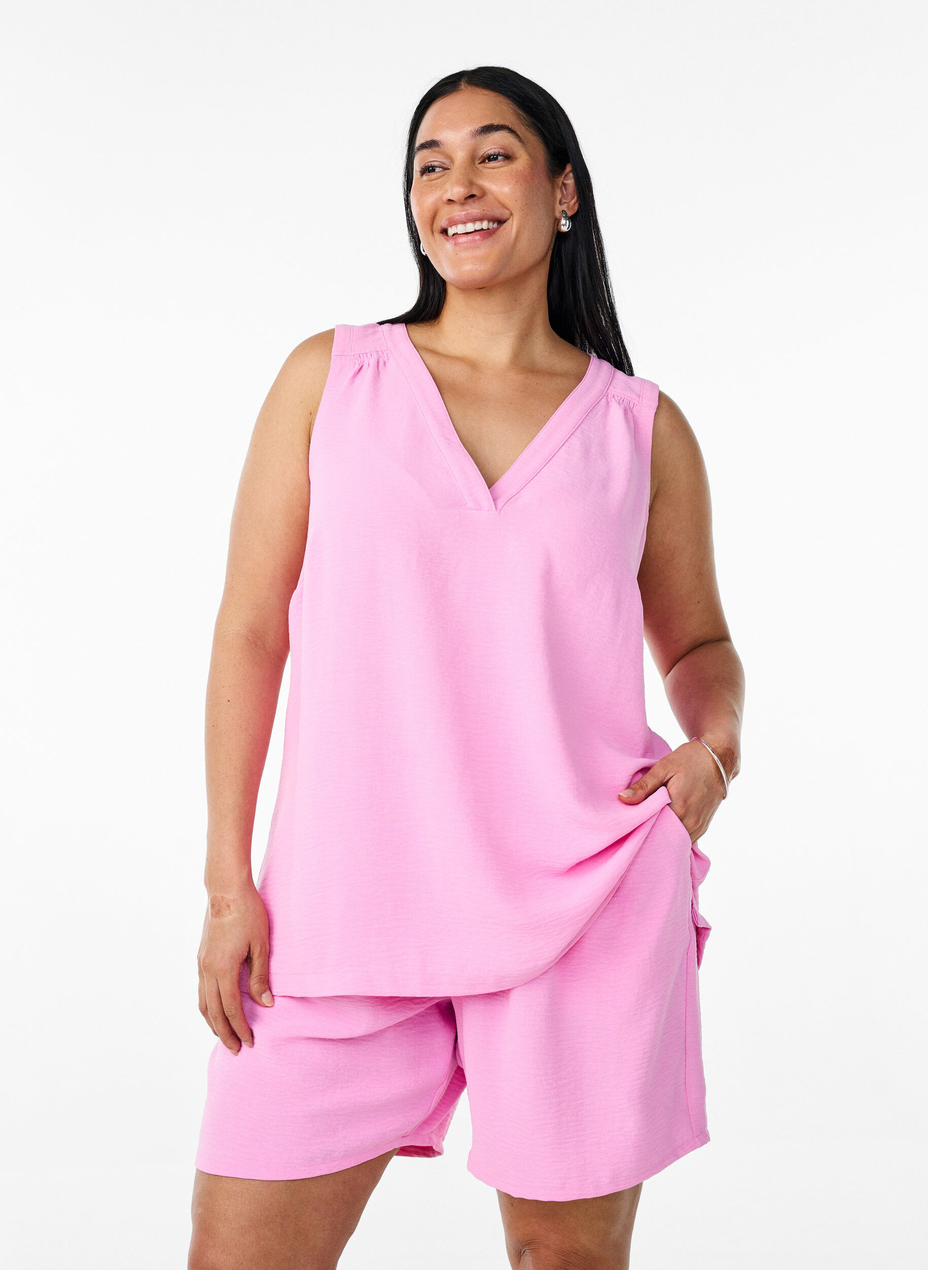 ZizziMouwloze top met kreukeffecten, Roze, Model image number 0