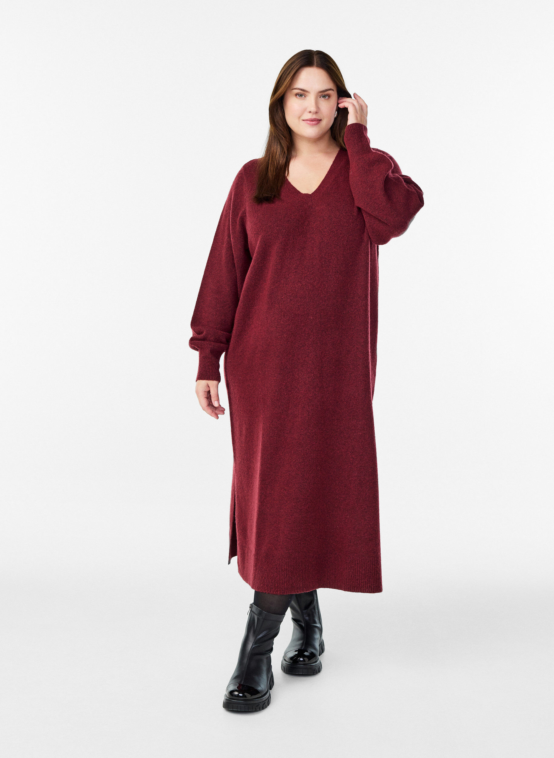 Gebreide jurk met lange mouwen en V-hals, Rood, Model