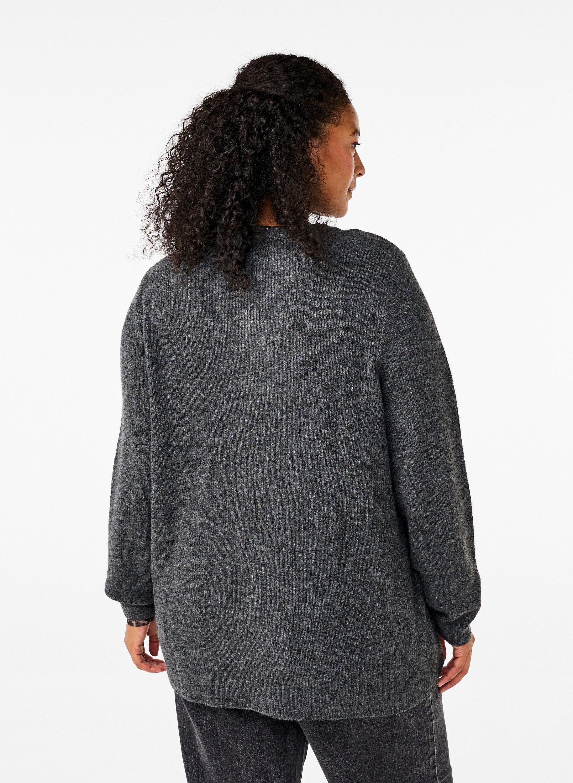 Zizzi Gem&ecirc;leerde trui met ronde hals, Dark Grey Black Mel., Model image number 1