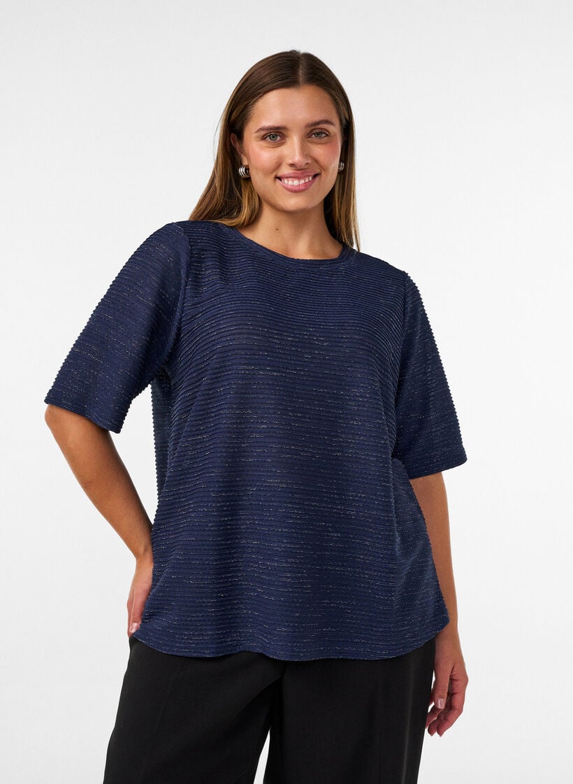 Blouse met structuur en glitter, Blauw, Model image number 0