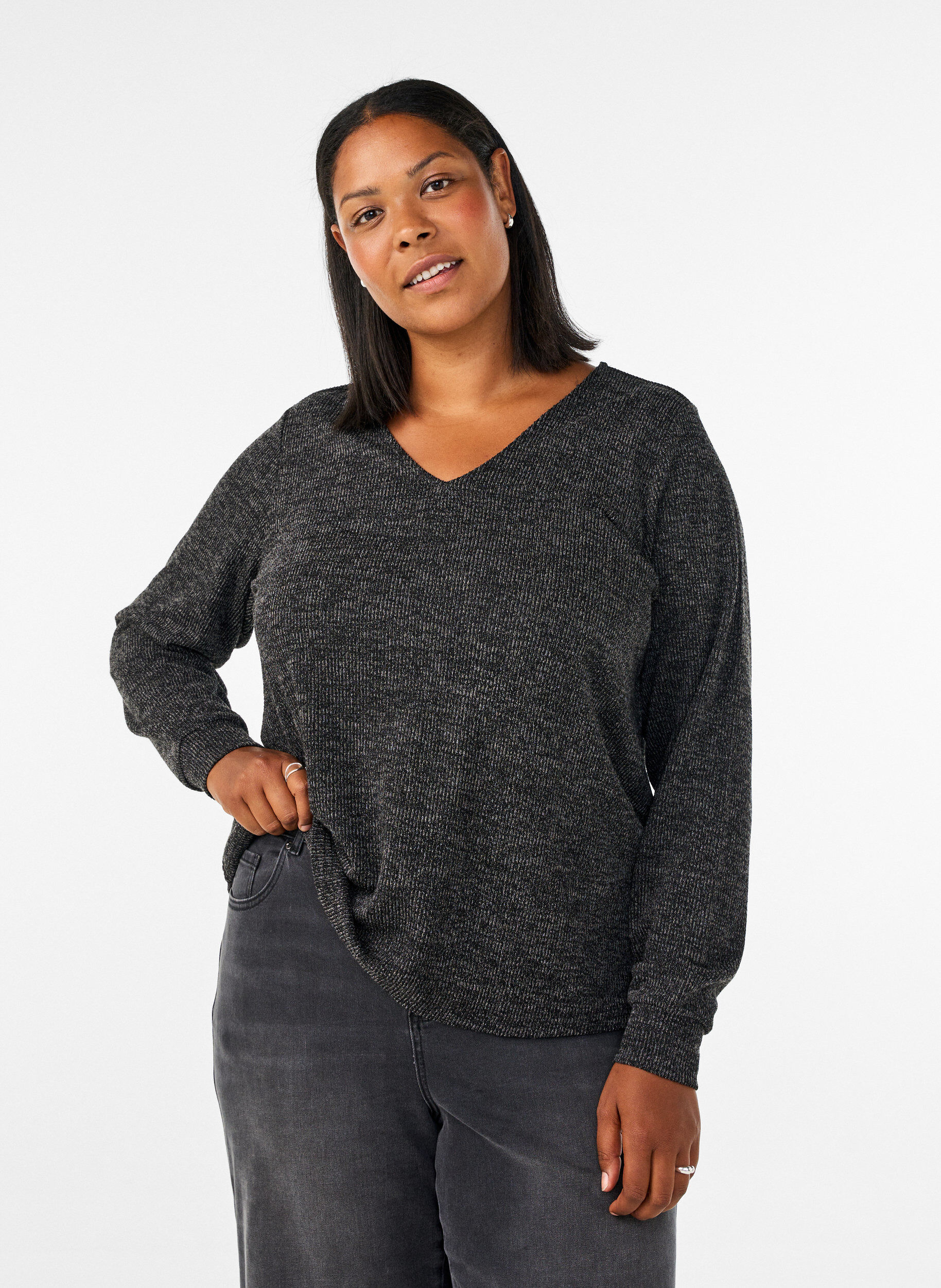 ZizziJersey blouse met V-hals en lange mouwen, Zwart, Model image number 0