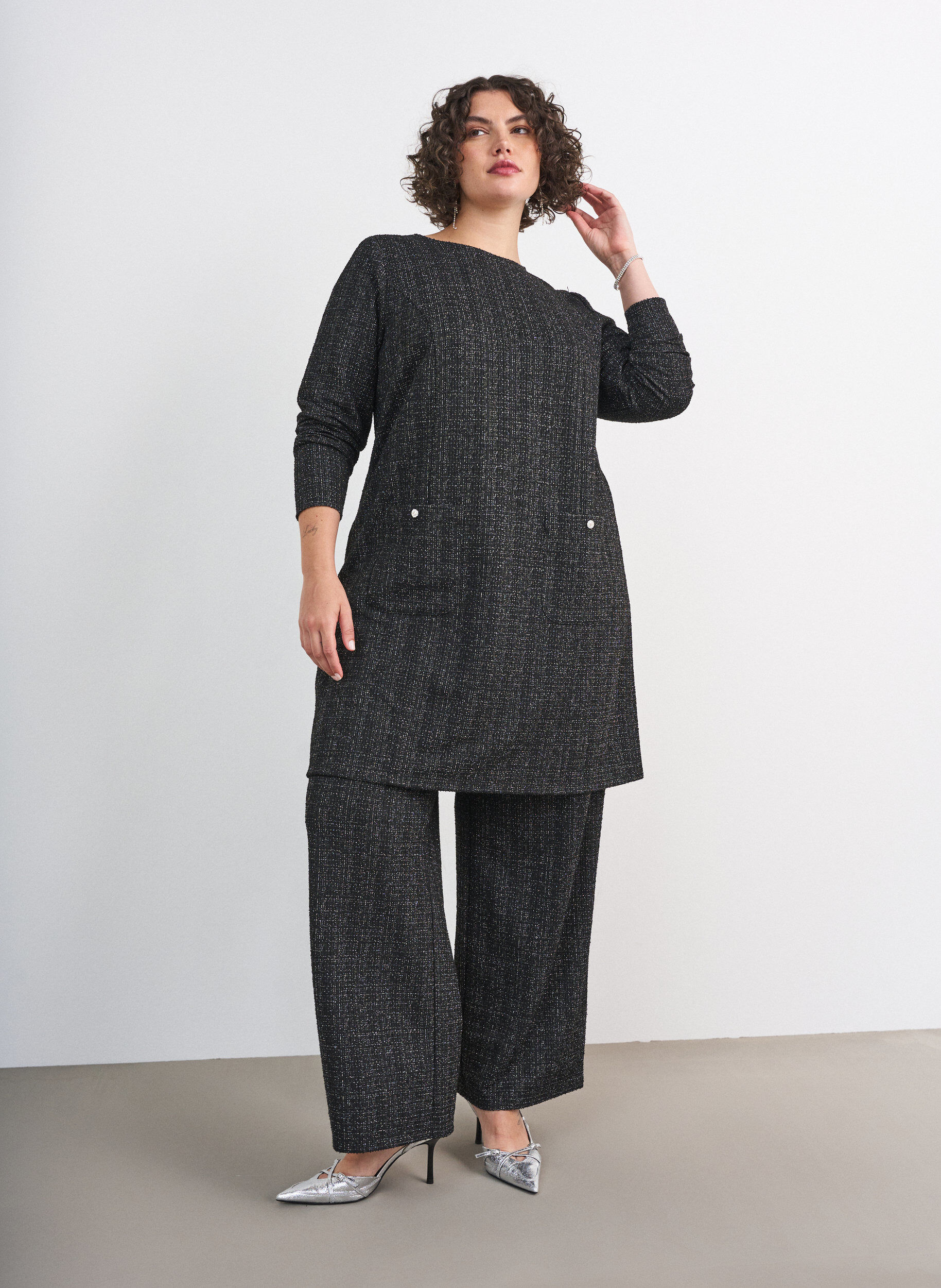 ZizziStraight-fit boucl&eacute; broek, Zwart, Model image number 0