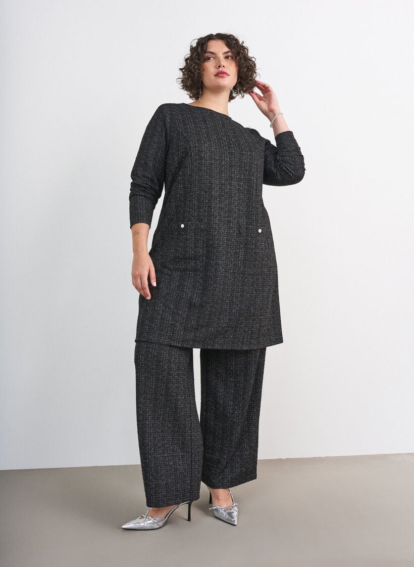 Straight-fit boucl&eacute; broek, Zwart, Model image number 0