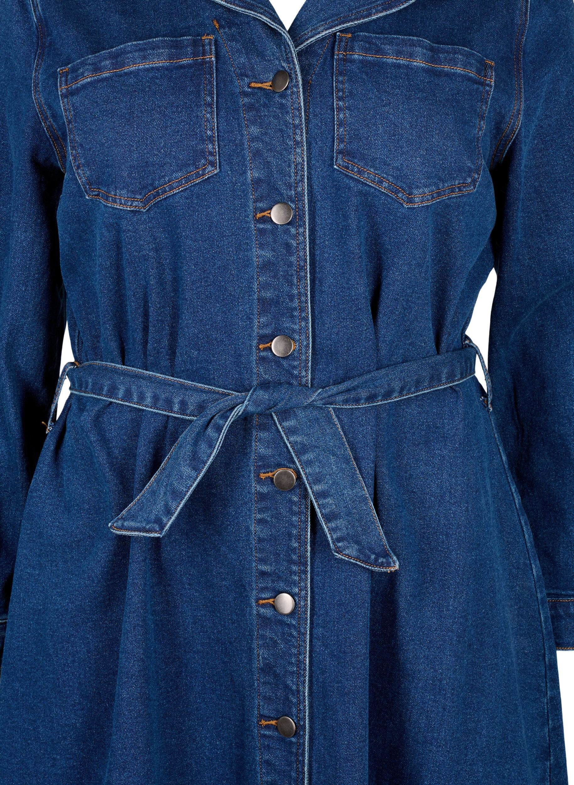 Zizzi Midi overhemdjurk in denim met riem, Dark Blue Denim, Packshot image number 2