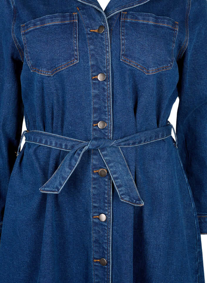 Midi overhemdjurk in denim met riem, Dark Blue Denim, Packshot image number 2