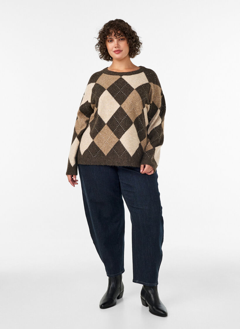 Gebreide top met argylepatroon en rhinestones, Bruin, Model image number 1