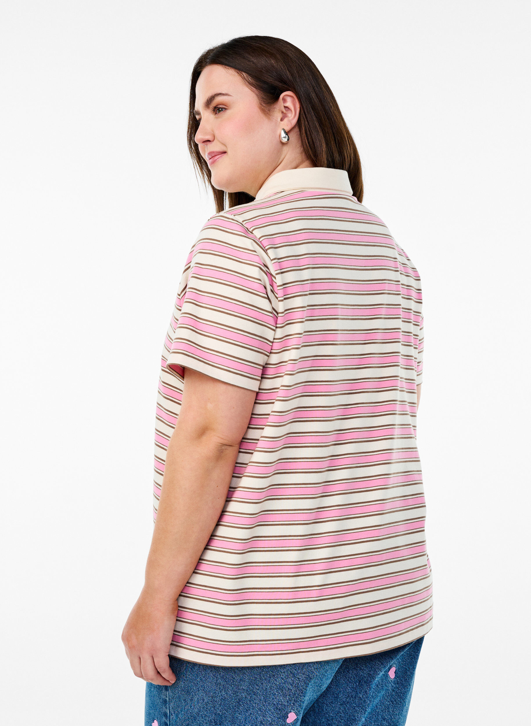 Zizzi Gestreepte poloshirt met korte mouwen, Roze, Model image number 2