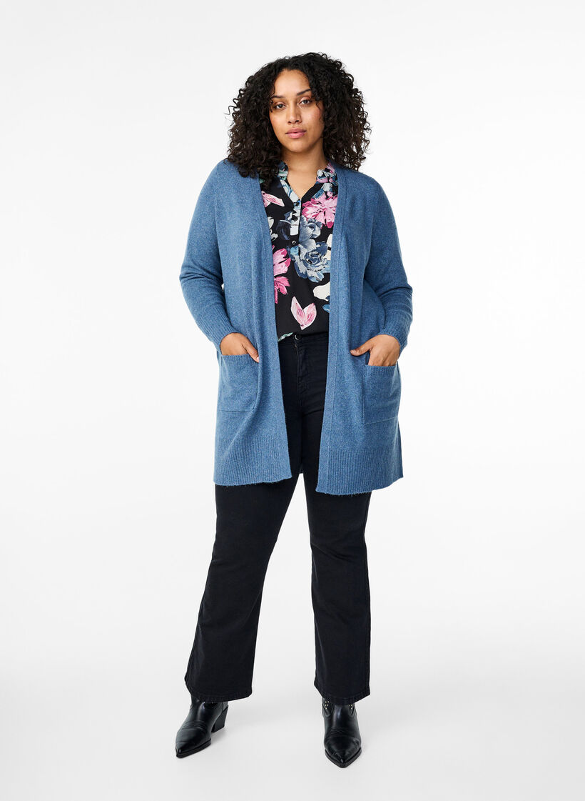 Geribd gebreid vest met zakken, Blauw, Model image number 1